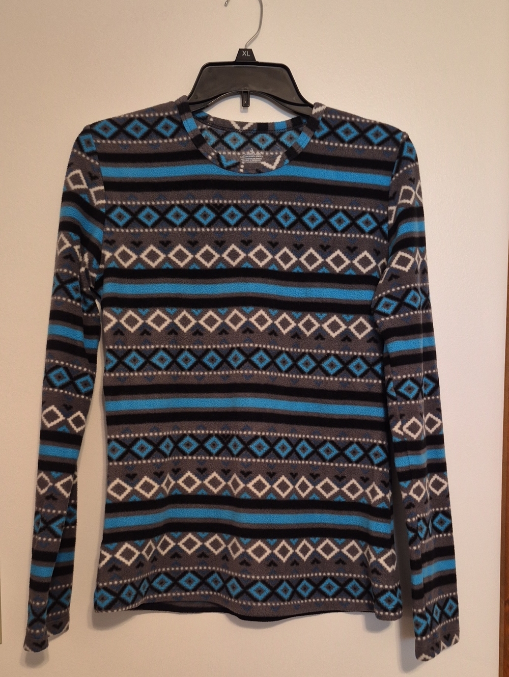 Cuddl Duds Blue, Gray and Black Geometric Crew Neck Fleece Top SZ M